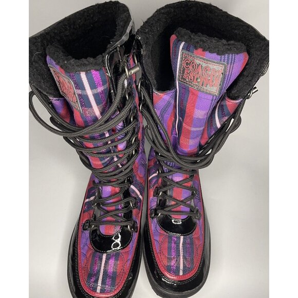 COACH Peggey W sz 8 B Plaid Purple Metallic Shearling Quilted Logo Boot Shoes - Picture 14 of 14
